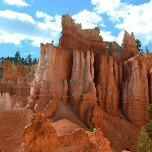 Blue skies and desert hoodoos in Bryce Canyon.